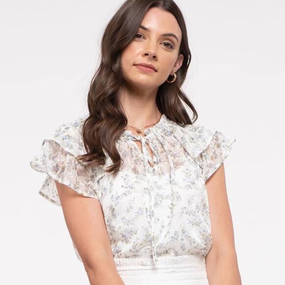 Floral Double Ruffle Sleeve Top Size Large - Picture 1 of 6